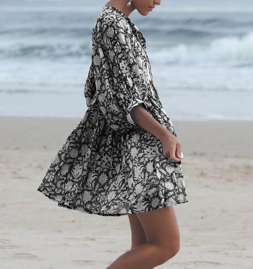 Women Bohemian Floral Short Dress Puff Sleeve Flowy Babydoll Dress Boho Loose Fit Shirt Dress Summer Mini Sundress
