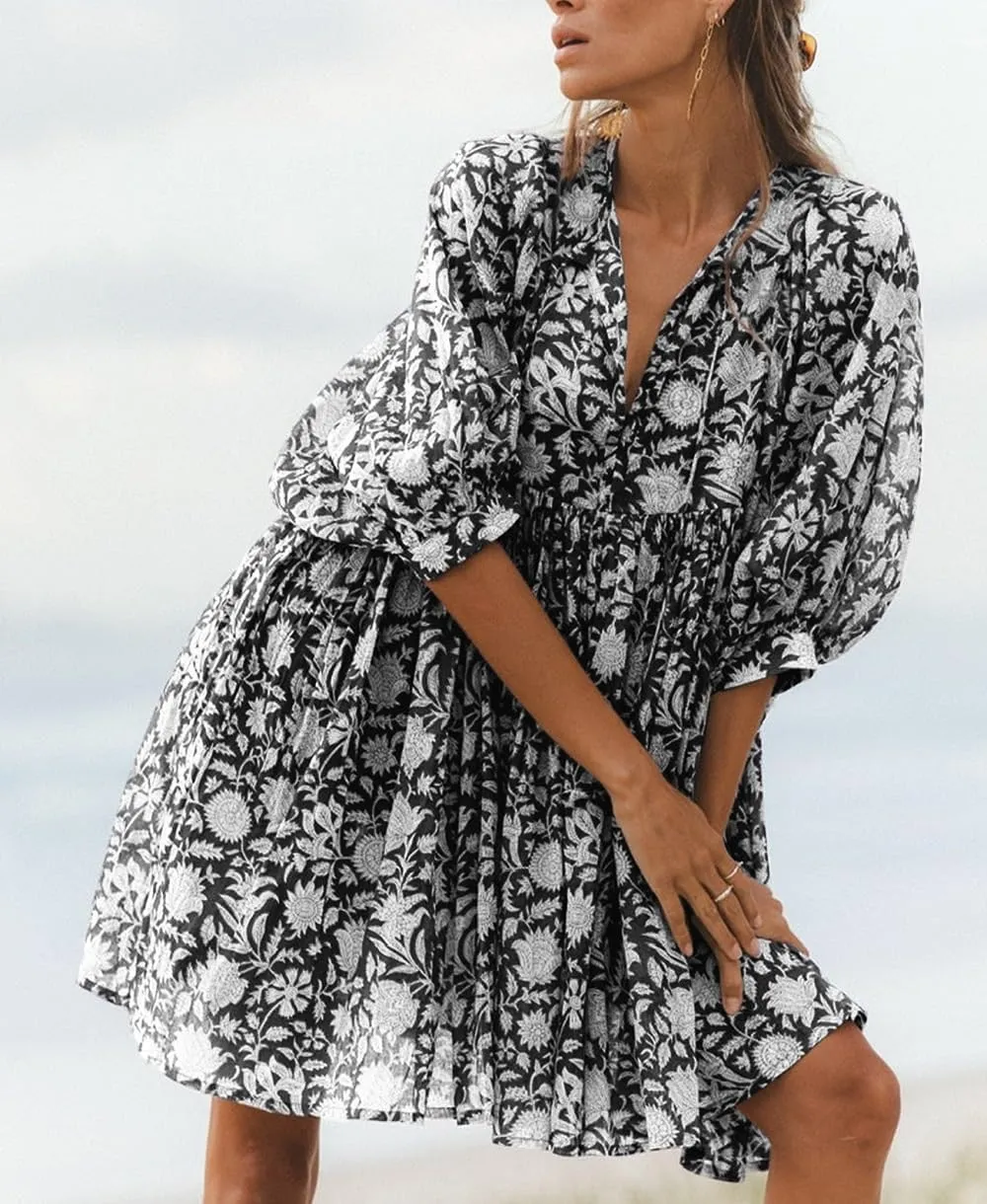 Women Bohemian Floral Short Dress Puff Sleeve Flowy Babydoll Dress Boho Loose Fit Shirt Dress Summer Mini Sundress