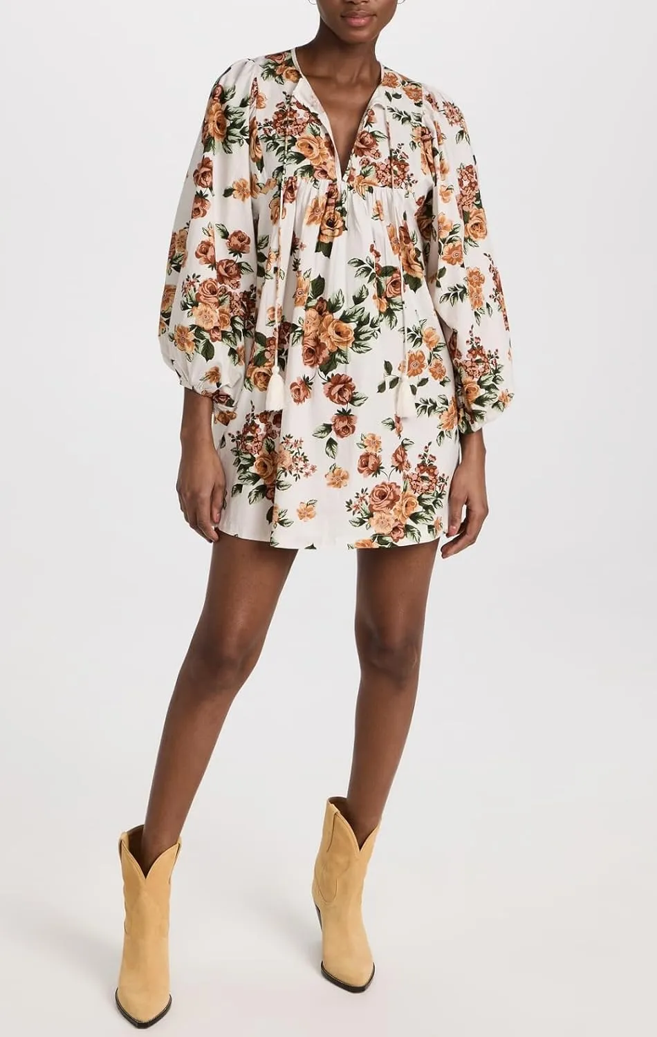 Women Bohemian Floral Short Dress Puff Sleeve Flowy Babydoll Dress Boho Loose Fit Shirt Dress Summer Mini Sundress