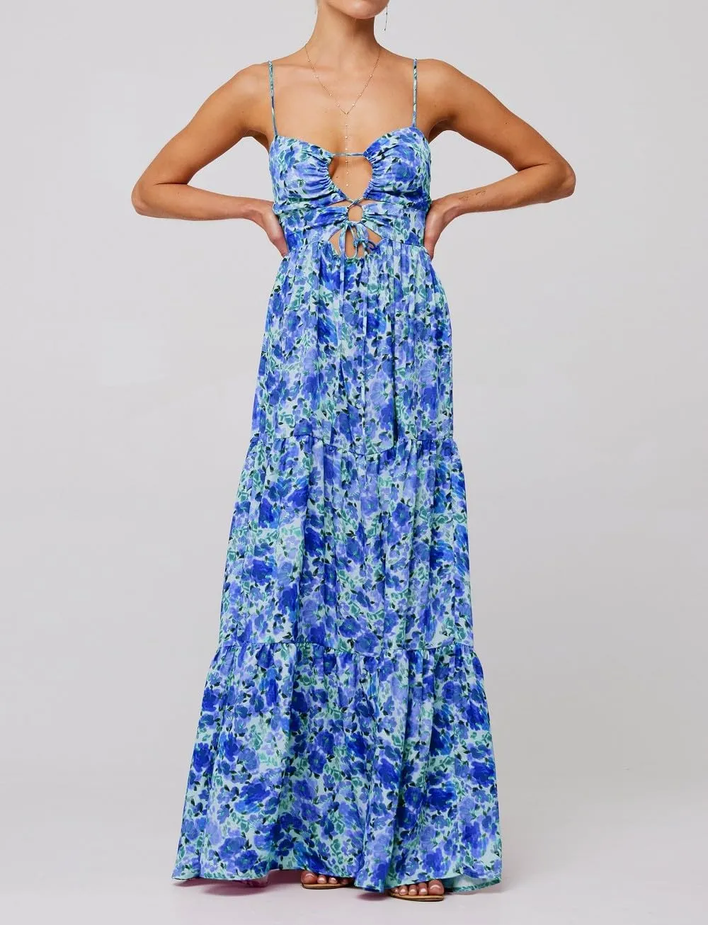 Women Boho Floral Long Cami Dress Spaghetti Strap Cut Out Maxi Dress Backless Tiered Flowy Summer Beach Dresse