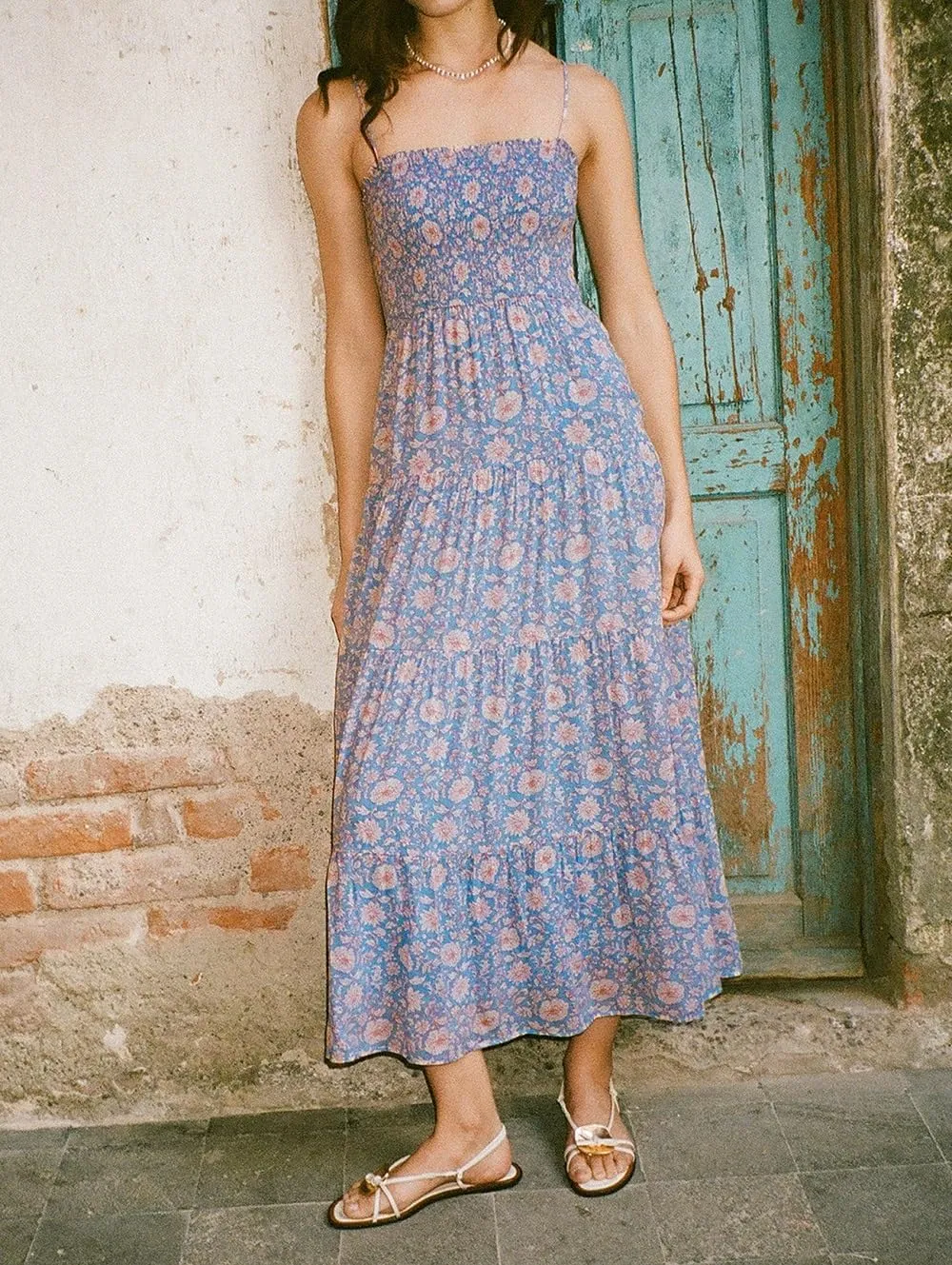 Women Boho Floral Long Cami Dress Spaghetti Strap Cut Out Maxi Dress Backless Tiered Flowy Summer Beach Dresse