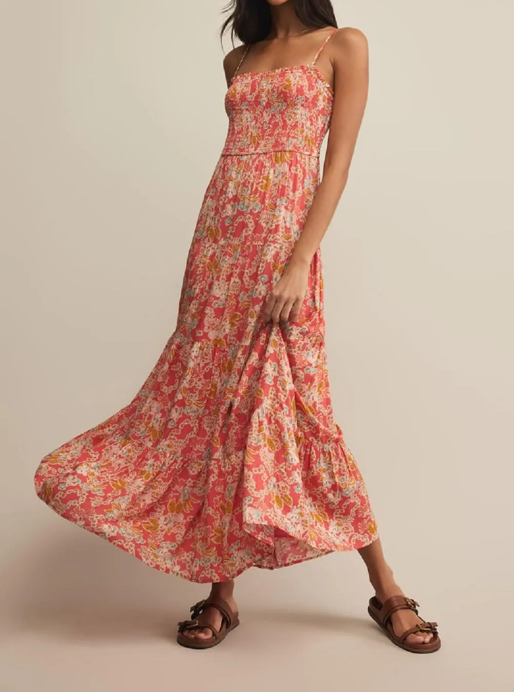 Women Boho Floral Long Cami Dress Spaghetti Strap Cut Out Maxi Dress Backless Tiered Flowy Summer Beach Dresse