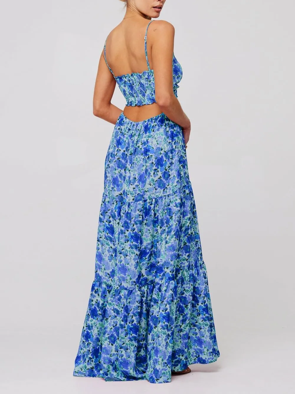 Women Boho Floral Long Cami Dress Spaghetti Strap Cut Out Maxi Dress Backless Tiered Flowy Summer Beach Dresse