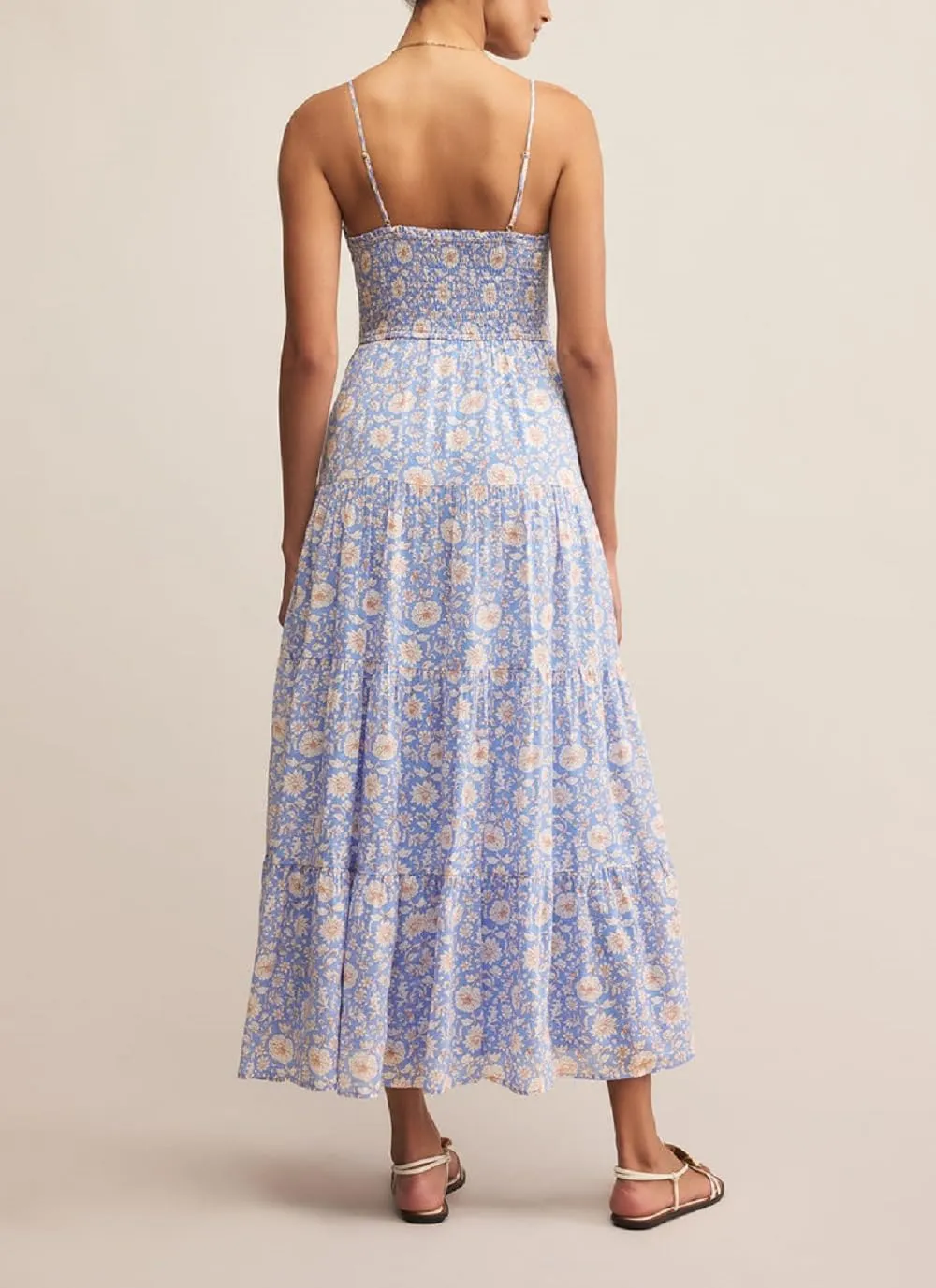 Women Boho Floral Long Cami Dress Spaghetti Strap Cut Out Maxi Dress Backless Tiered Flowy Summer Beach Dresse