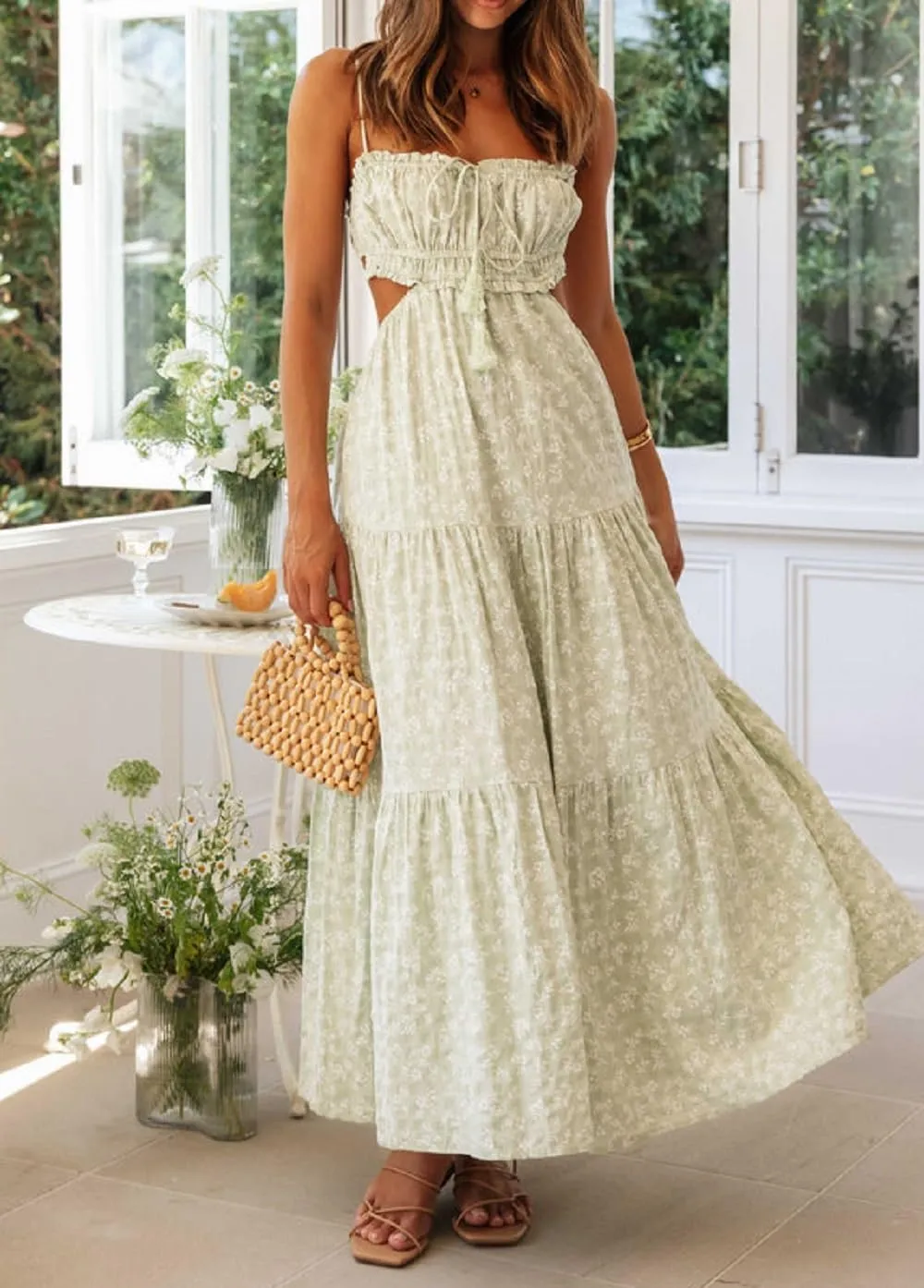 Women Boho Floral Maxi Cami Dress Spaghetti Strap Flowy Long Dress Square Neck A Line Dress Summer Beach Dress
