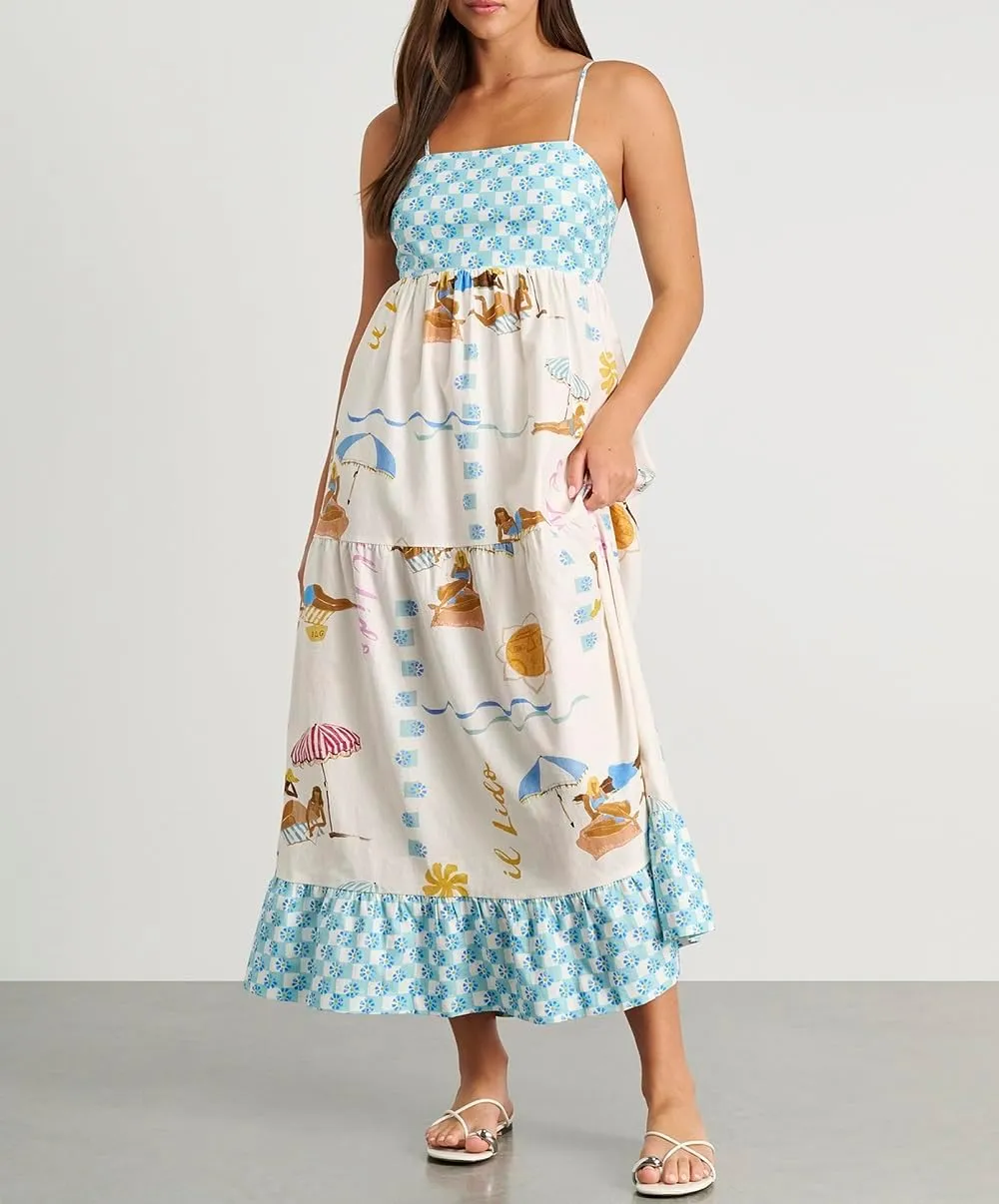 Women Boho Floral Maxi Cami Dress Spaghetti Strap Flowy Long Dress Square Neck A Line Dress Summer Beach Dress