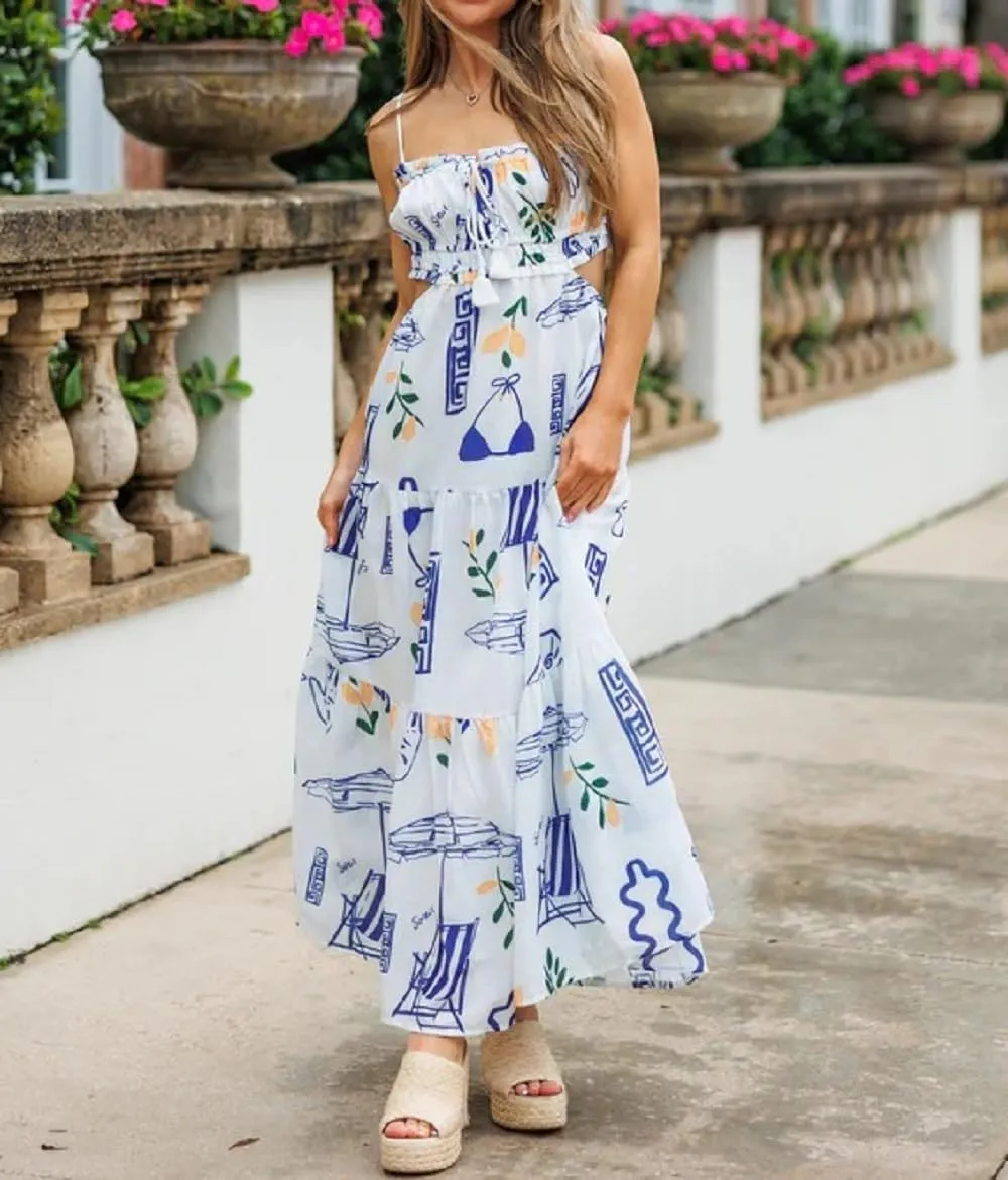 Women Boho Floral Maxi Cami Dress Spaghetti Strap Flowy Long Dress Square Neck A Line Dress Summer Beach Dress