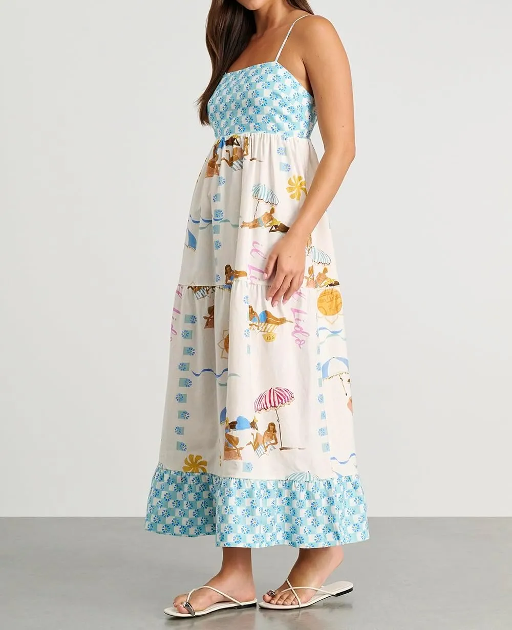 Women Boho Floral Maxi Cami Dress Spaghetti Strap Flowy Long Dress Square Neck A Line Dress Summer Beach Dress
