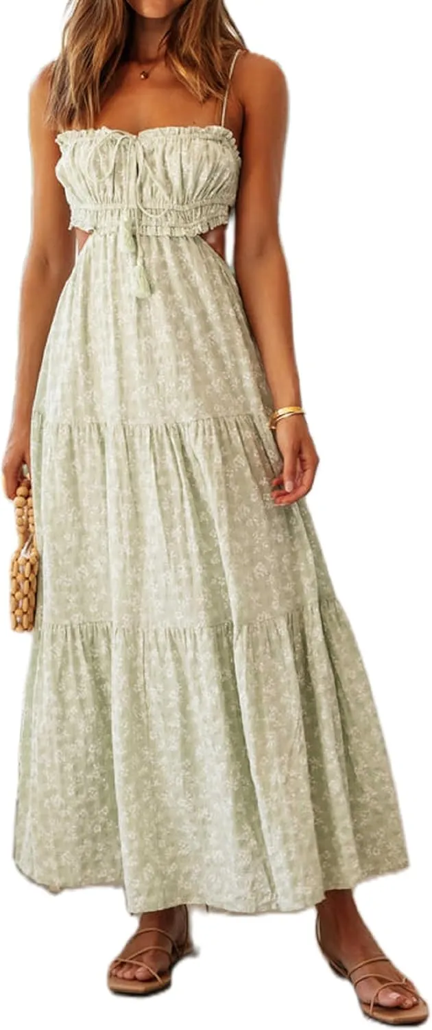 Women Boho Floral Maxi Cami Dress Spaghetti Strap Flowy Long Dress Square Neck A Line Dress Summer Beach Dress