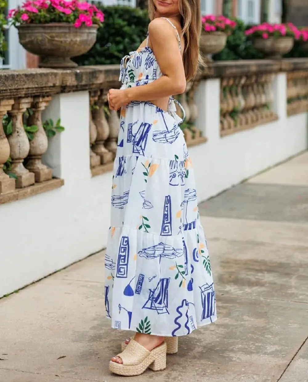 Women Boho Floral Maxi Cami Dress Spaghetti Strap Flowy Long Dress Square Neck A Line Dress Summer Beach Dress