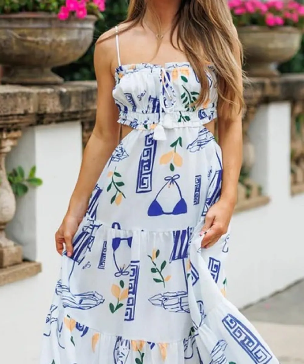 Women Boho Floral Maxi Cami Dress Spaghetti Strap Flowy Long Dress Square Neck A Line Dress Summer Beach Dress