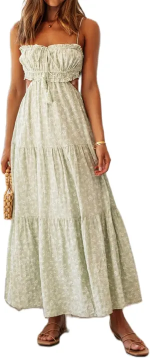 Women Boho Floral Maxi Cami Dress Spaghetti Strap Flowy Long Dress Square Neck A Line Dress Summer Beach Dress