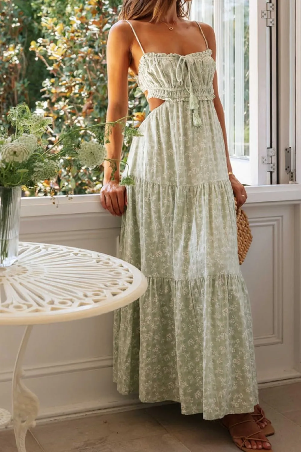 Women Boho Floral Maxi Cami Dress Spaghetti Strap Flowy Long Dress Square Neck A Line Dress Summer Beach Dress