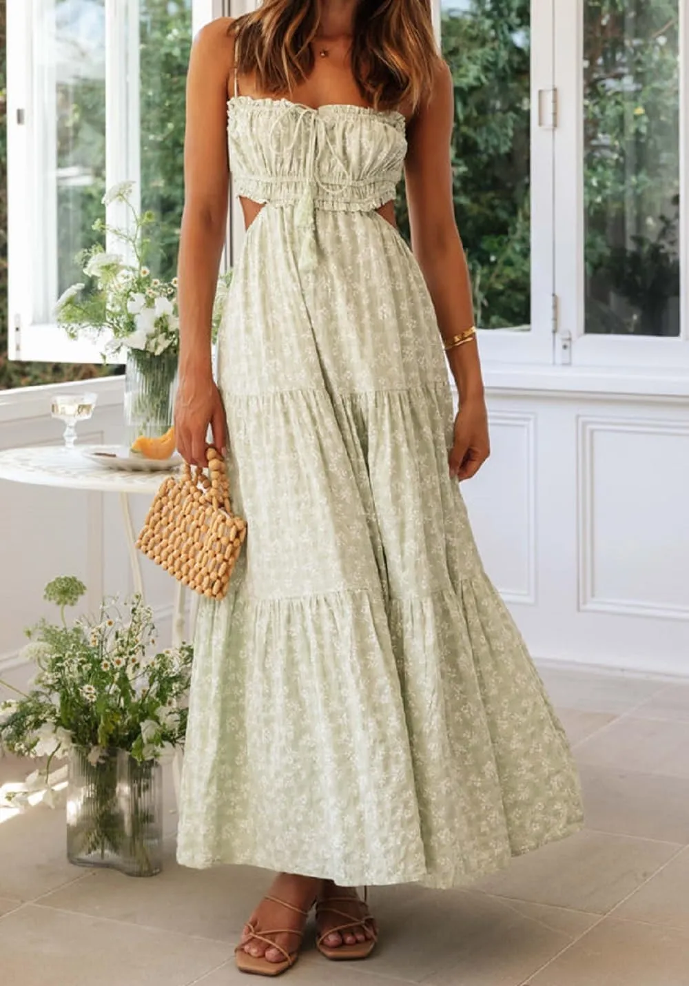 Women Boho Floral Maxi Cami Dress Spaghetti Strap Flowy Long Dress Square Neck A Line Dress Summer Beach Dress
