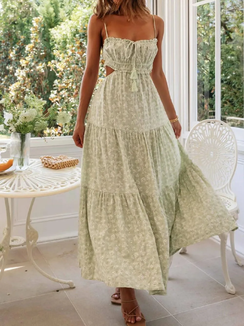 Women Boho Floral Maxi Cami Dress Spaghetti Strap Flowy Long Dress Square Neck A Line Dress Summer Beach Dress
