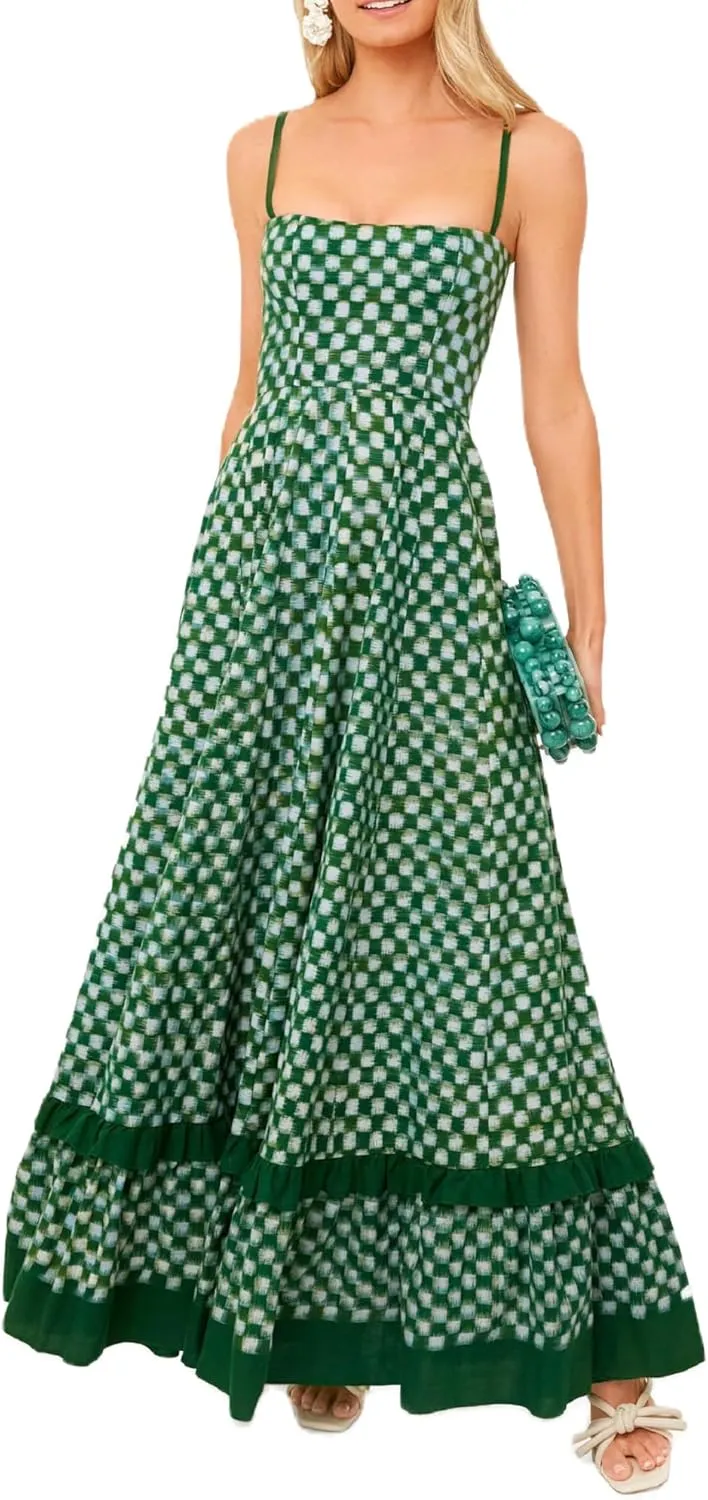 Women Boho Maxi Cami Dress Graphic Spaghetti Strap Long Dress Floral Backless Flowy Sundress Summer Beach Dress