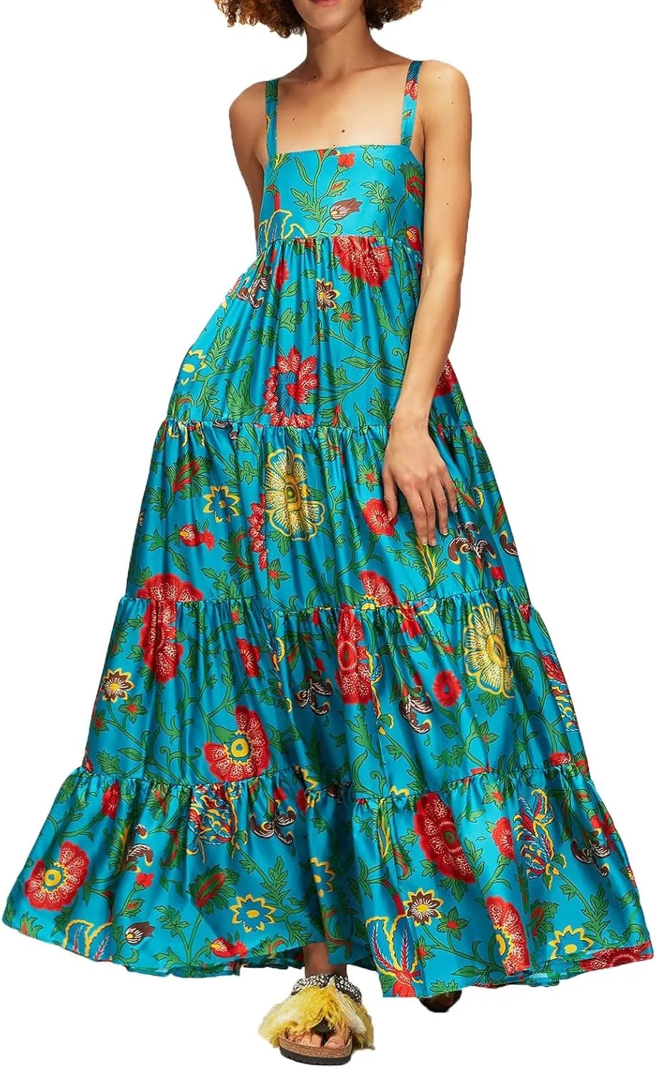Women Boho Maxi Cami Dress Graphic Spaghetti Strap Long Dress Floral Backless Flowy Sundress Summer Beach Dress