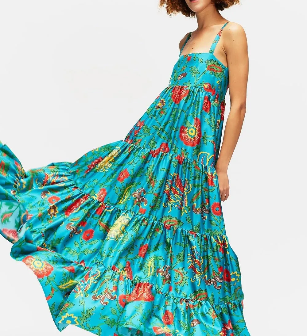 Women Boho Maxi Cami Dress Graphic Spaghetti Strap Long Dress Floral Backless Flowy Sundress Summer Beach Dress