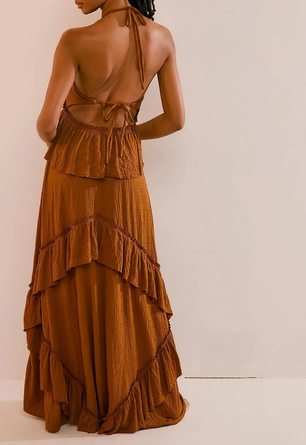 Women Boho Maxi Halter Dress V Neck Ruffle Flowy Long Dress Floral Backless Tiered Sundress Summer Beachwear