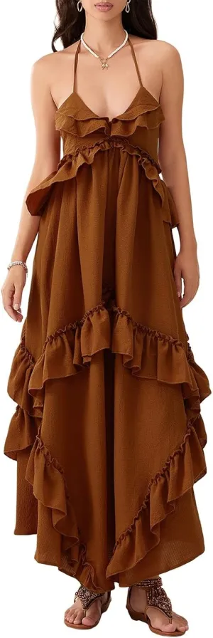 Women Boho Maxi Halter Dress V Neck Ruffle Flowy Long Dress Floral Backless Tiered Sundress Summer Beachwear