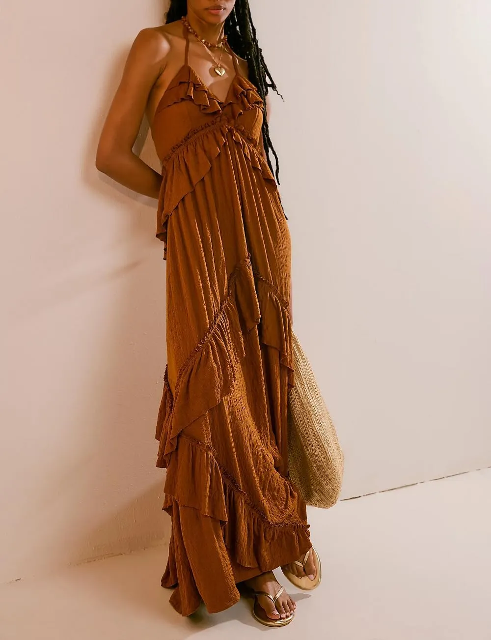 Women Boho Maxi Halter Dress V Neck Ruffle Flowy Long Dress Floral Backless Tiered Sundress Summer Beachwear