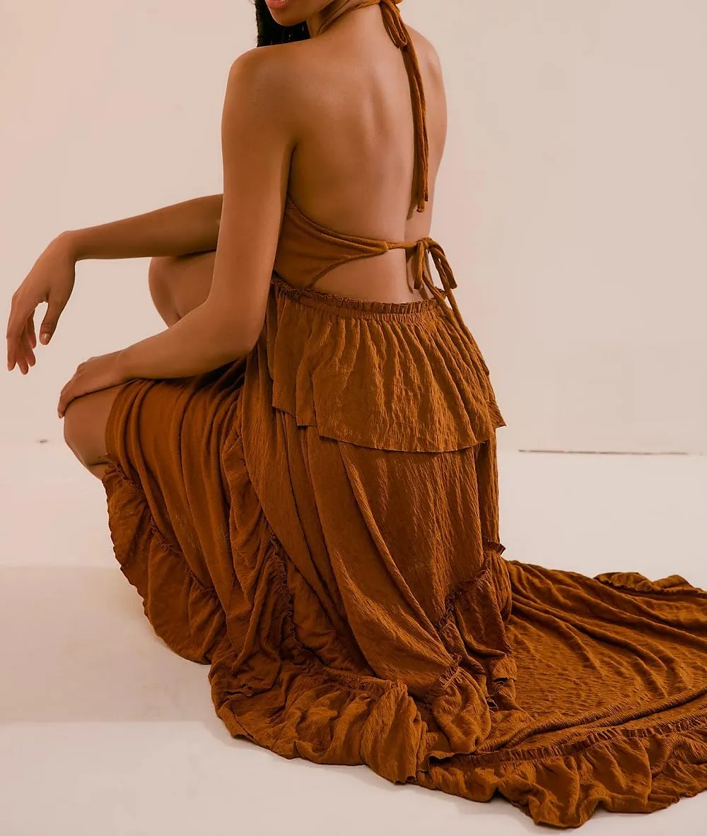 Women Boho Maxi Halter Dress V Neck Ruffle Flowy Long Dress Floral Backless Tiered Sundress Summer Beachwear