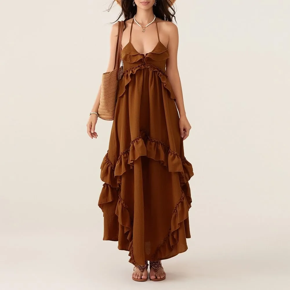 Women Boho Maxi Halter Dress V Neck Ruffle Flowy Long Dress Floral Backless Tiered Sundress Summer Beachwear