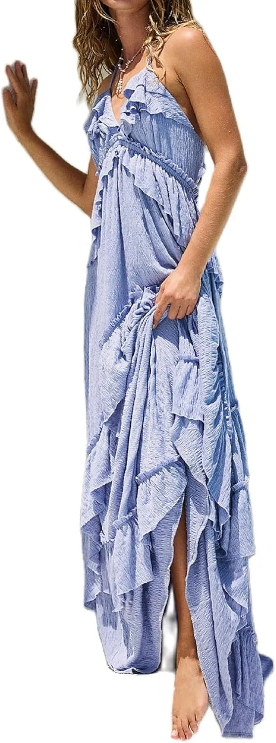 Women Boho Maxi Halter Dress V Neck Ruffle Flowy Long Dress Floral Backless Tiered Sundress Summer Beachwear