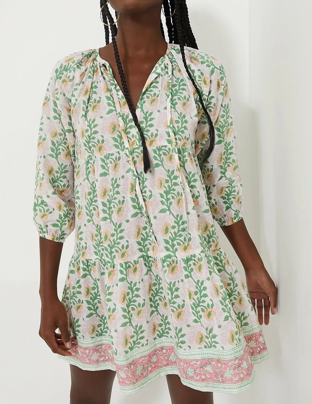 Women Boho Puff Sleeve Short Dress Floral Flowy Babydoll Dress V Neck Loose Fit A Line Dress Bohemian Mini Sundress