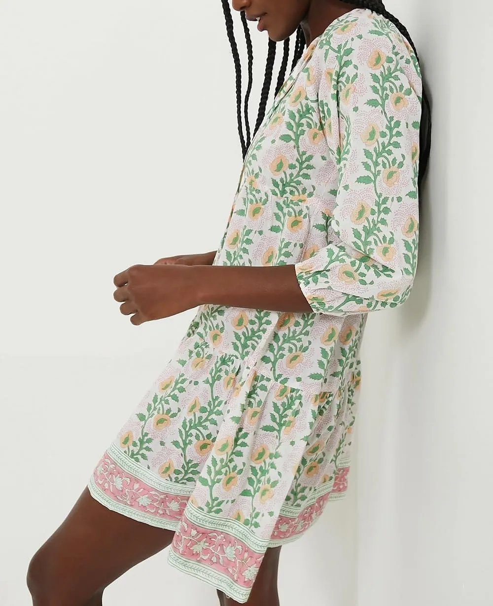 Women Boho Puff Sleeve Short Dress Floral Flowy Babydoll Dress V Neck Loose Fit A Line Dress Bohemian Mini Sundress