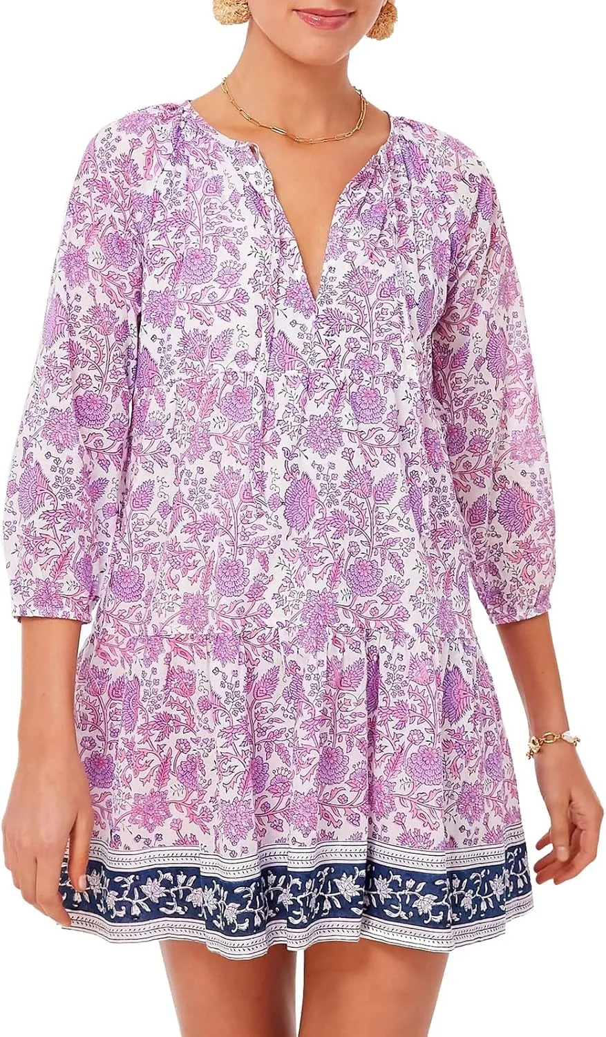 Women Boho Puff Sleeve Short Dress Floral Flowy Babydoll Dress V Neck Loose Fit A Line Dress Bohemian Mini Sundress