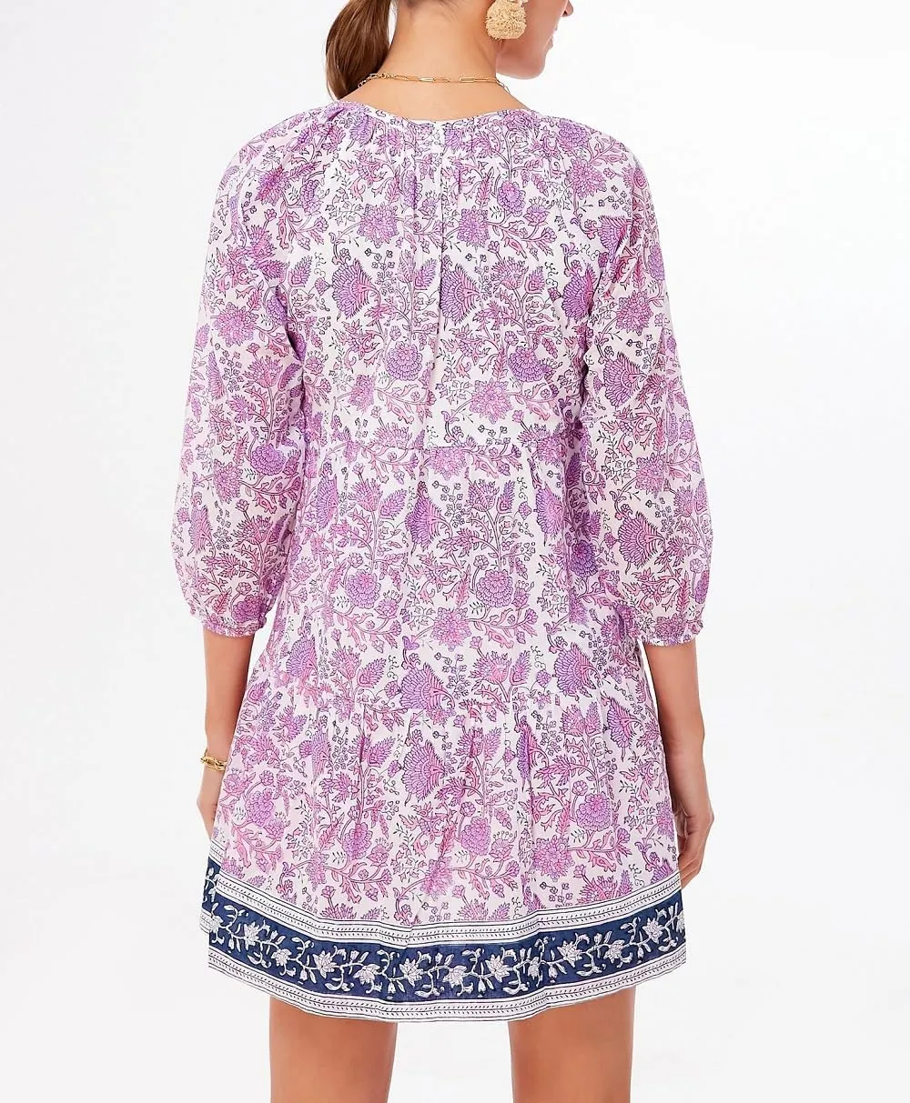Women Boho Puff Sleeve Short Dress Floral Flowy Babydoll Dress V Neck Loose Fit A Line Dress Bohemian Mini Sundress