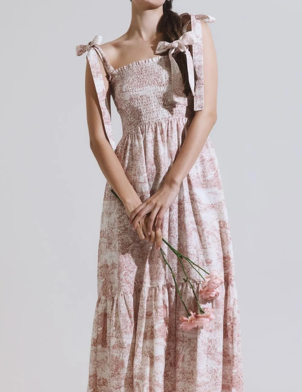 Women Floral Tie Shoulder Maxi Dress Boho Flowy Tiered Sundress Square Neck Sleeveless Long Dress Beach Dress