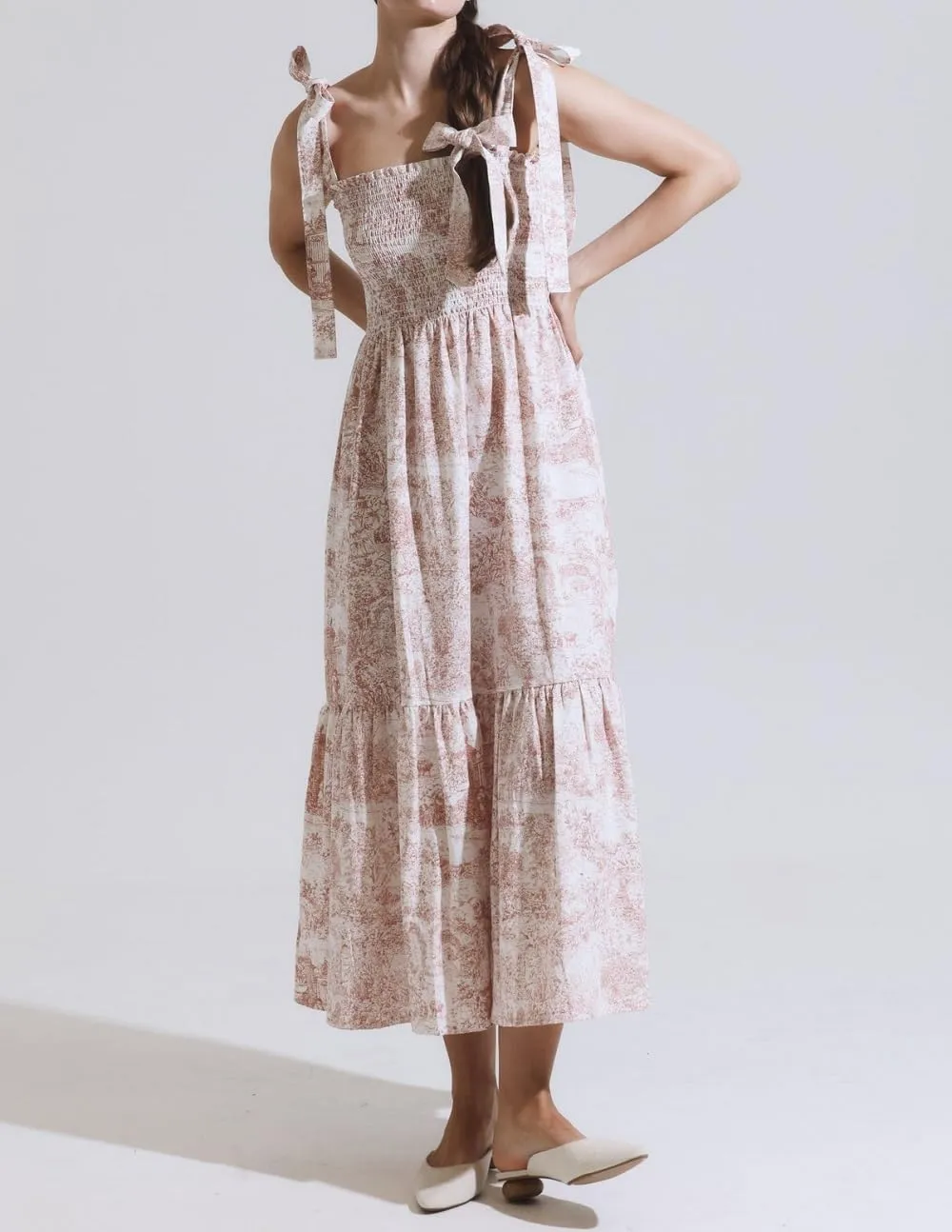 Women Floral Tie Shoulder Maxi Dress Boho Flowy Tiered Sundress Square Neck Sleeveless Long Dress Beach Dress