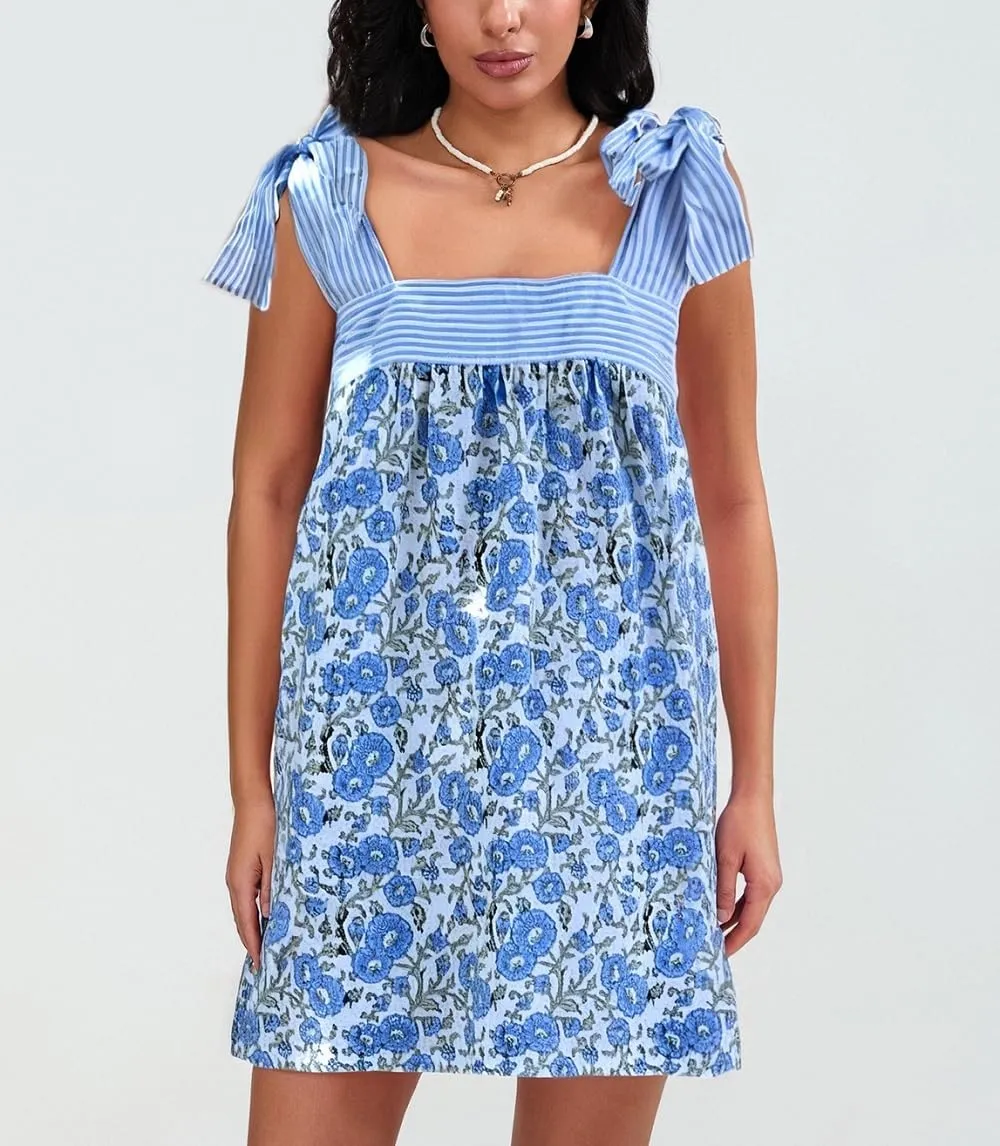 Women Floral Tie Shoulder Mini Dress Bow Square Neck Babydoll Dress Boho Flowy Sundress Summer Going Out Dres
