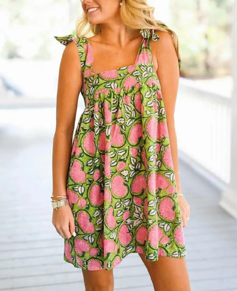 Women Floral Tie Shoulder Mini Dress Bow Square Neck Babydoll Dress Boho Flowy Sundress Summer Going Out Dres