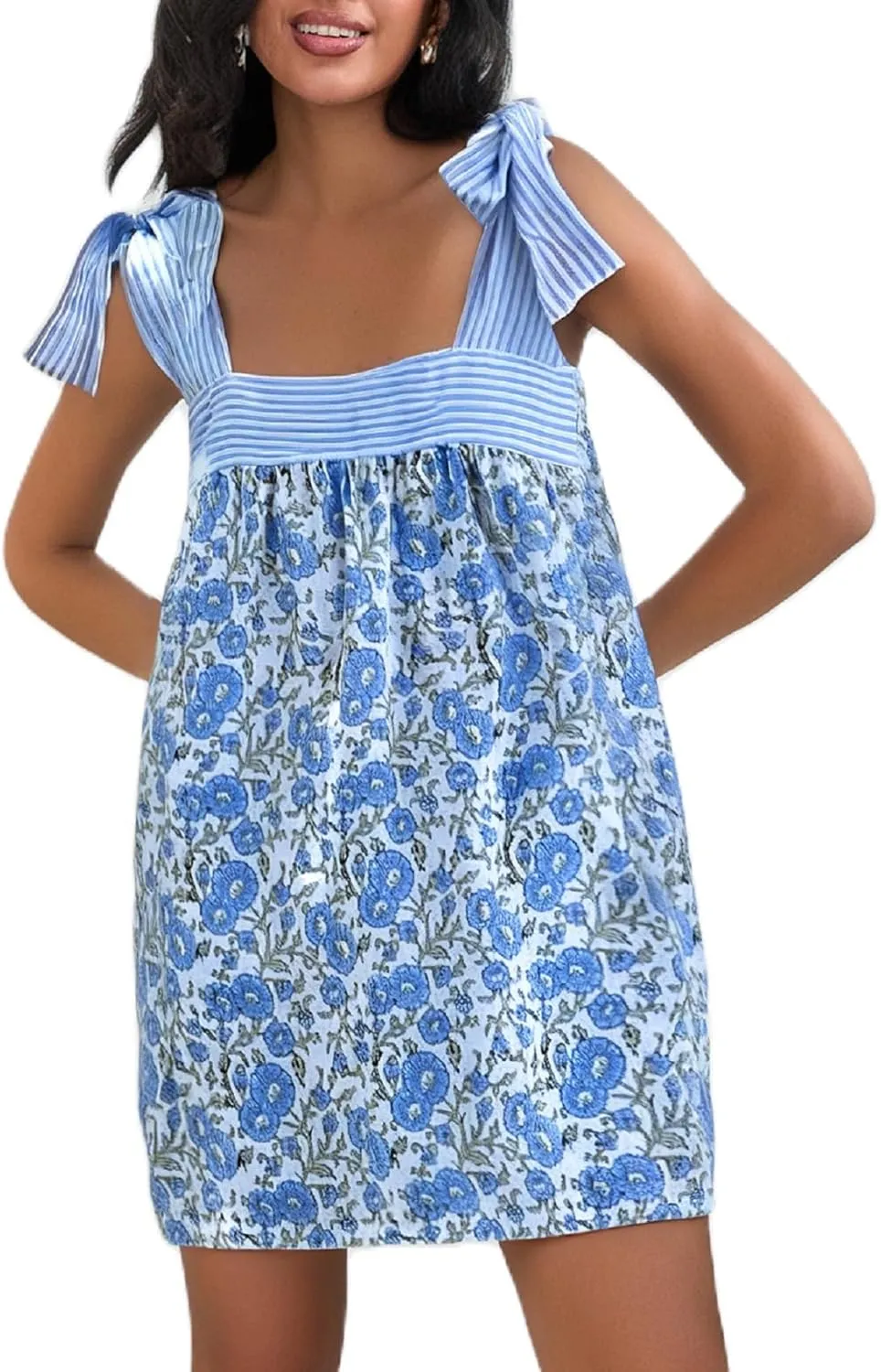Women Floral Tie Shoulder Mini Dress Bow Square Neck Babydoll Dress Boho Flowy Sundress Summer Going Out Dres