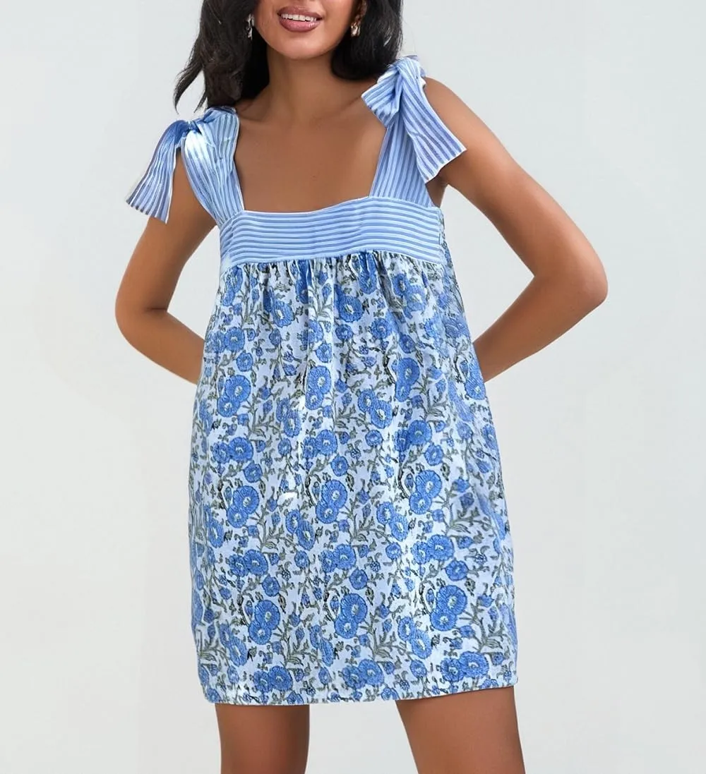 Women Floral Tie Shoulder Mini Dress Bow Square Neck Babydoll Dress Boho Flowy Sundress Summer Going Out Dres