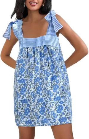 Women Floral Tie Shoulder Mini Dress Bow Square Neck Babydoll Dress Boho Flowy Sundress Summer Going Out Dres
