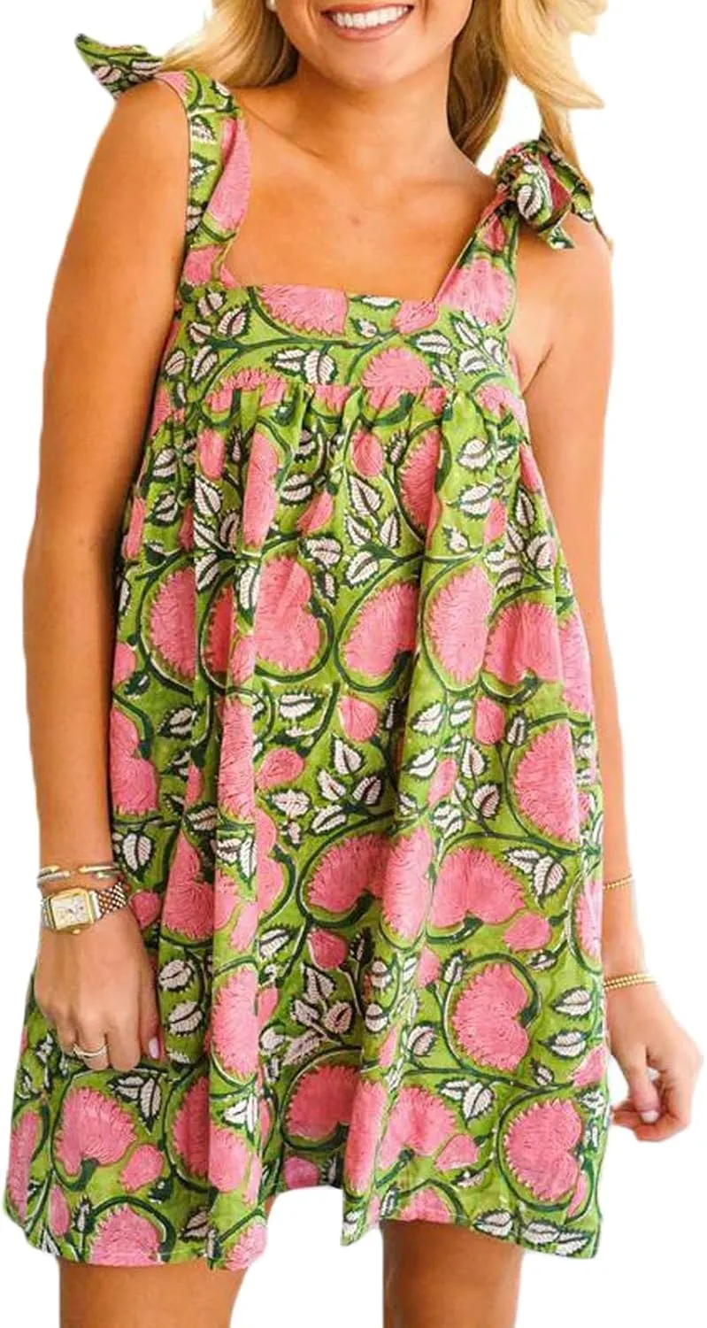 Women Floral Tie Shoulder Mini Dress Bow Square Neck Babydoll Dress Boho Flowy Sundress Summer Going Out Dres
