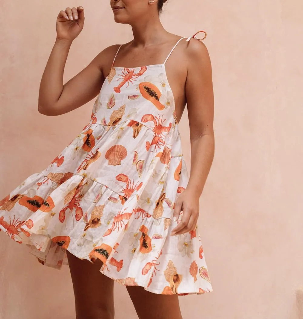 Women Graphic Mini Cami Dress Spaghetti Strap Floral Boho Short Dress Flowy Sundress Summer Holiday Beach Dress