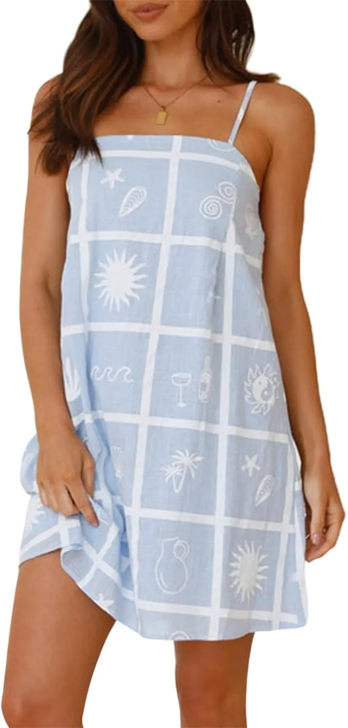 Women Graphic Mini Cami Dress Spaghetti Strap Floral Boho Short Dress Flowy Sundress Summer Holiday Beach Dress