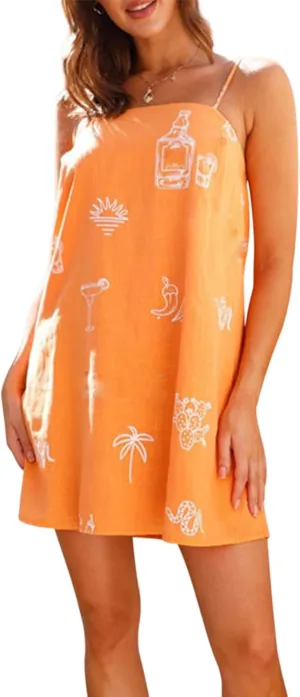 Women Graphic Mini Cami Dress Spaghetti Strap Floral Boho Short Dress Flowy Sundress Summer Holiday Beach Dress