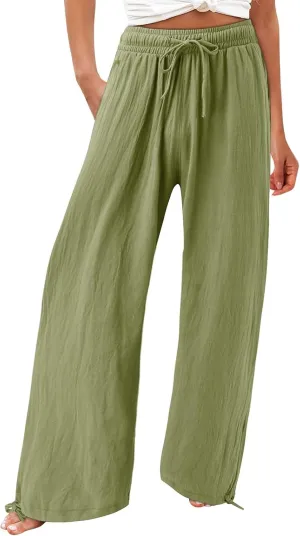 Women Linen Palazzo Pants Summer Boho Wide Leg High Waist Elastic Drawstring Casual Lounge Pant Trousers with Pockets