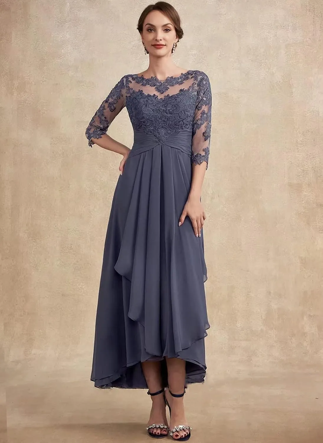Women Long Floral Lace Chiffon Mother of Bride Dresses A-line Pleated Formal Party Evening Gown