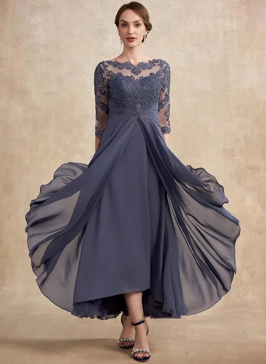 Women Long Floral Lace Chiffon Mother of Bride Dresses A-line Pleated Formal Party Evening Gown
