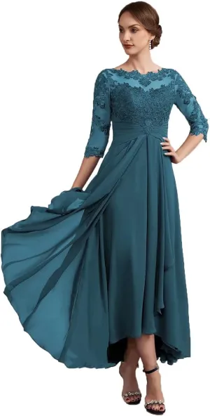 Women Long Floral Lace Chiffon Mother of Bride Dresses A-line Pleated Formal Party Evening Gown