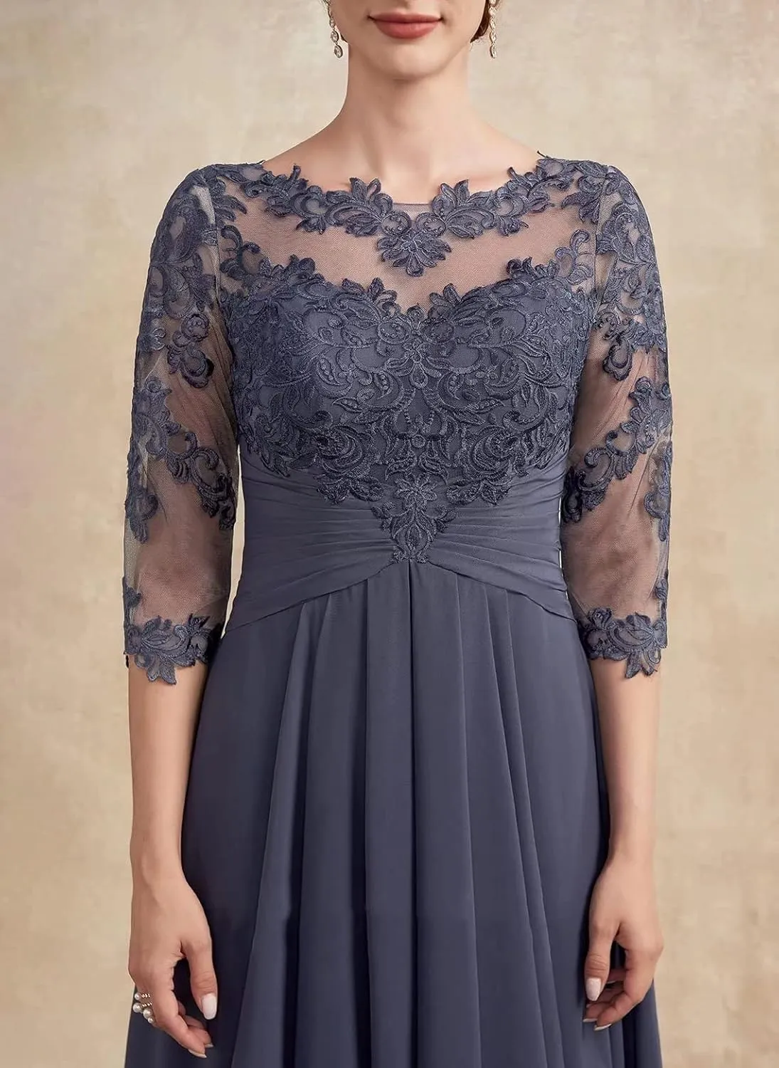 Women Long Floral Lace Chiffon Mother of Bride Dresses A-line Pleated Formal Party Evening Gown