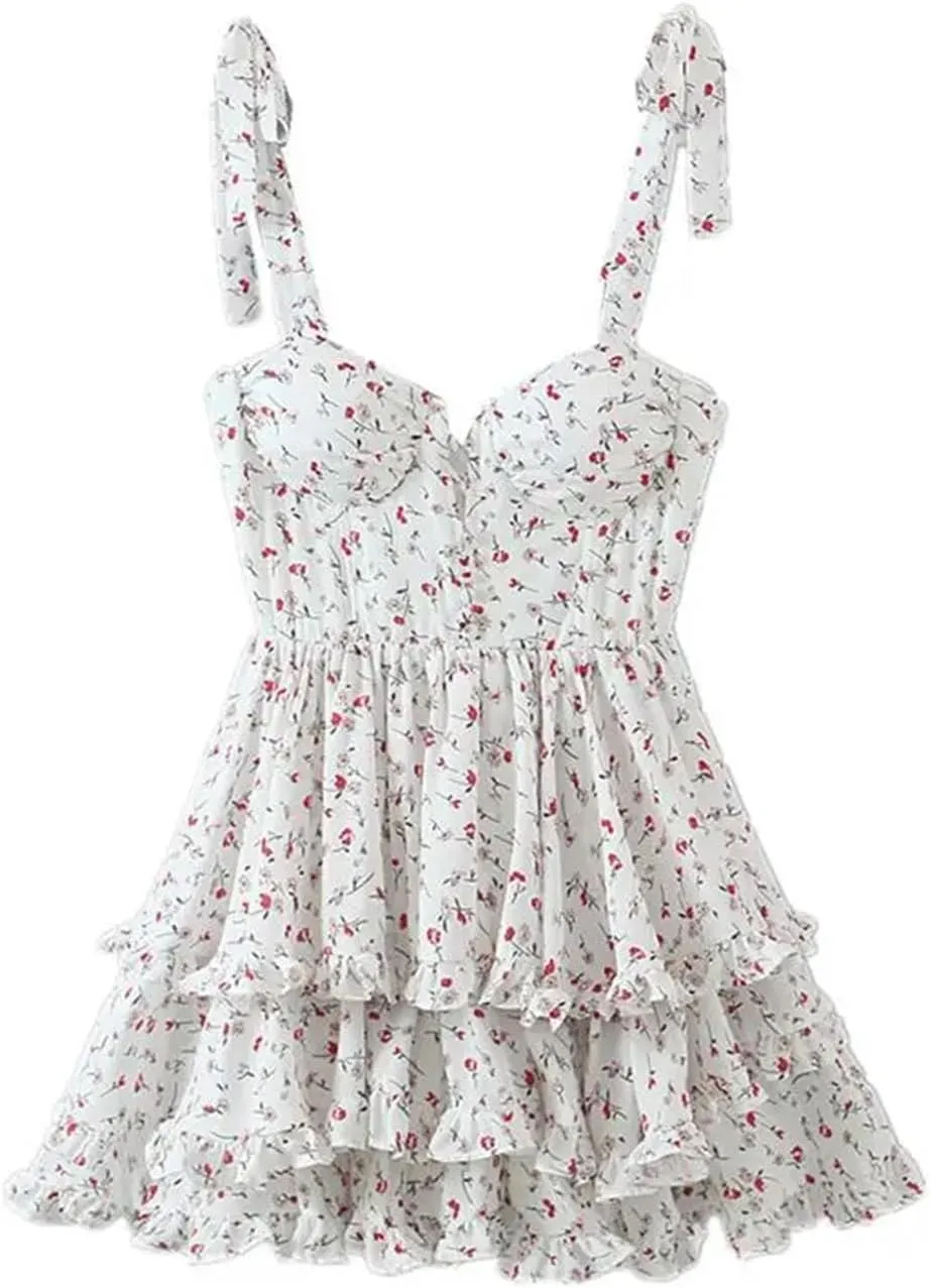 Women Retro Bandage Tie Bow Spaghetti Strap Mini Dress V Neck Spliced Ruffles Floral Holiday Robe