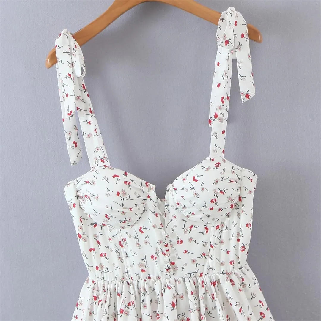 Women Retro Bandage Tie Bow Spaghetti Strap Mini Dress V Neck Spliced Ruffles Floral Holiday Robe